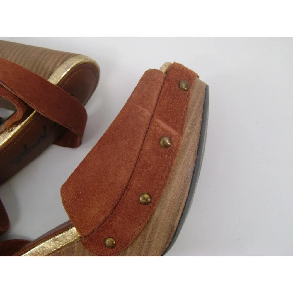 Free People Suede‎ Platform Sandals Rust Brown Gold Metallic Block Heel Size 39
